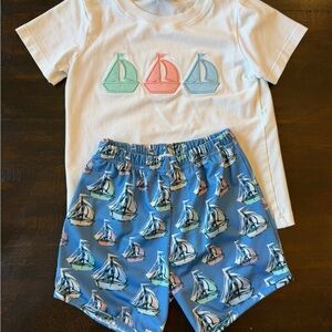 Kids White T-Shirt & Blue Sailboat Shorts Matching Set